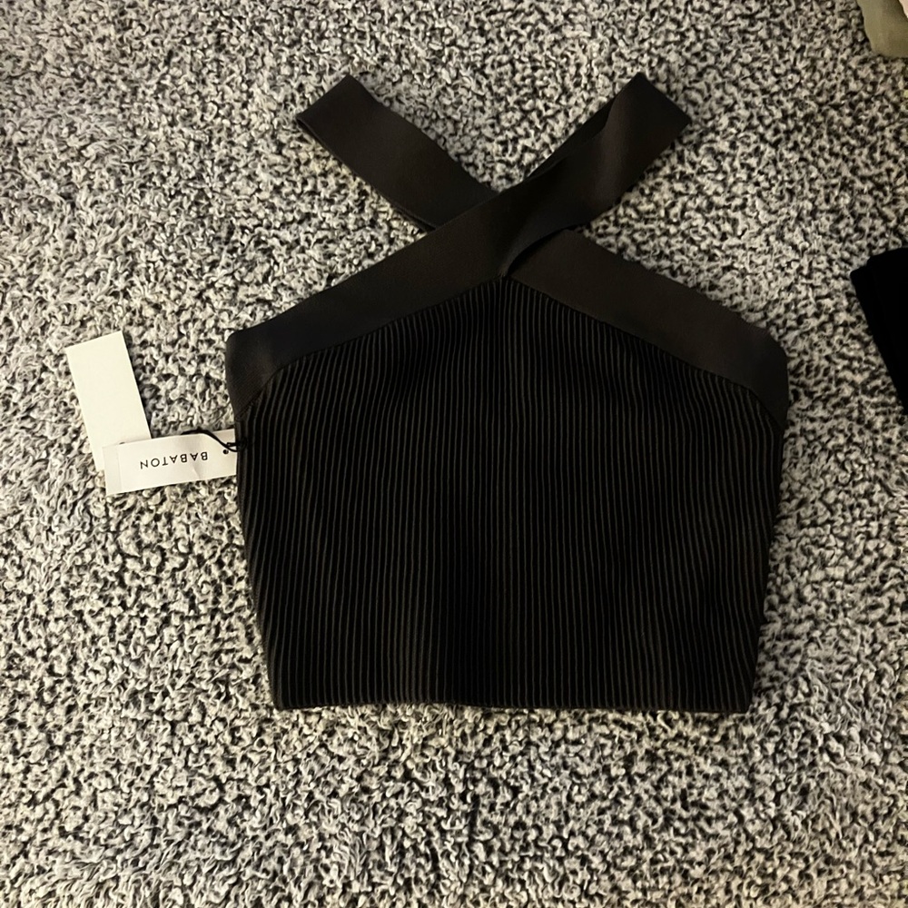 Aritzia Black Ribbed Cross-Strap Crop Top